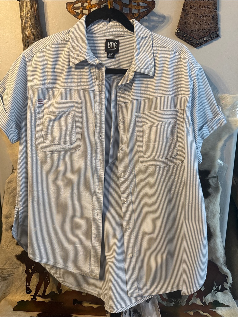 BDG women Light Blue and White Pinstripe Short Sleeve Button-Down Shirt